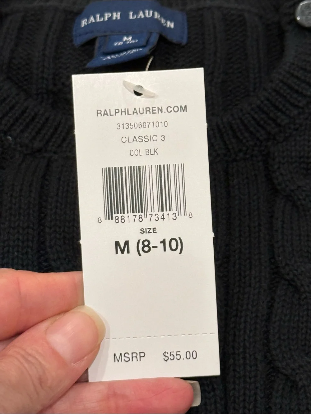 Ralph Lauren Boys Cable Knit Sweater Black Red Pony Shoulder Buttons M 8-10 NWT